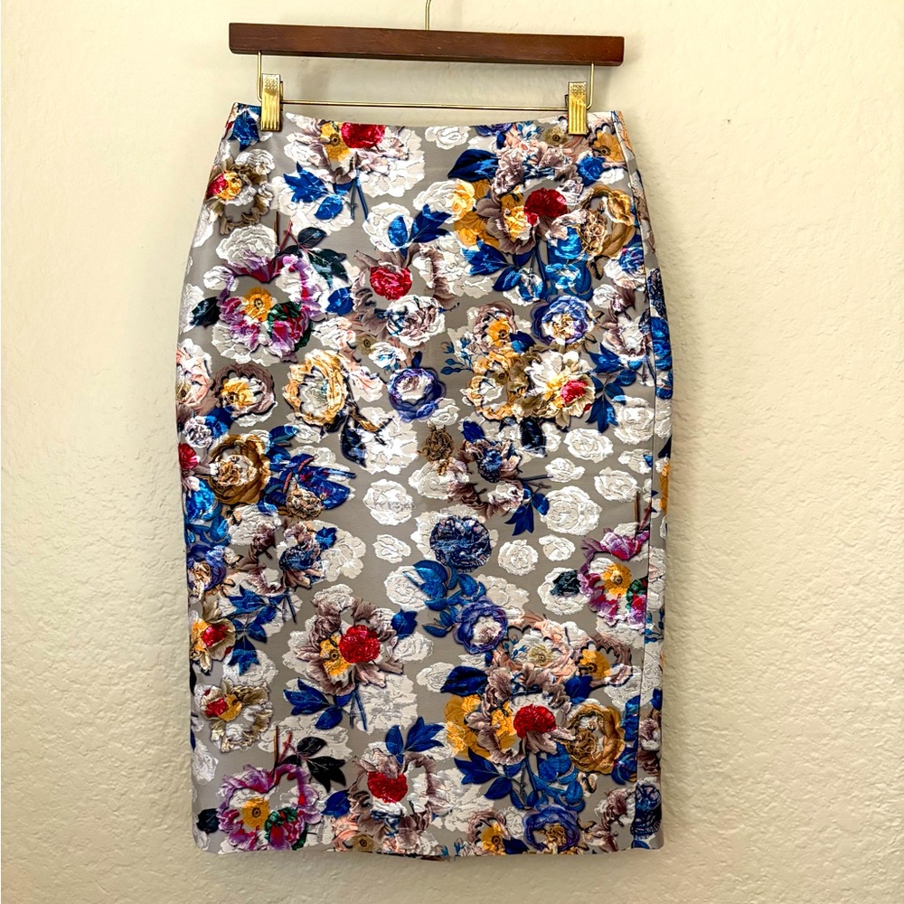 J. Crew Blue and Red Embellished Brocade Pencil Skirt
